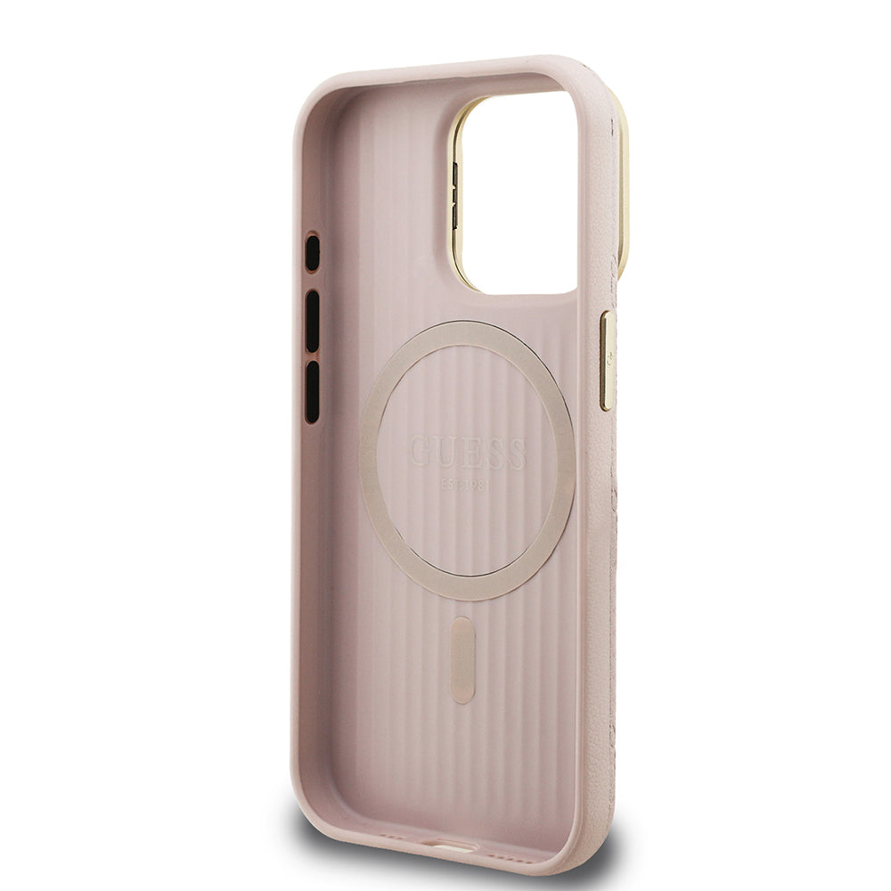 Apple iPhone 15 Pro Max Kılıf Guess Orjinal Lisanslı M-safe Şarj Özellikli Sıcak Baskılı Yazı Logolu Kamera Standlı PU Deri Peony Kapak Siyah