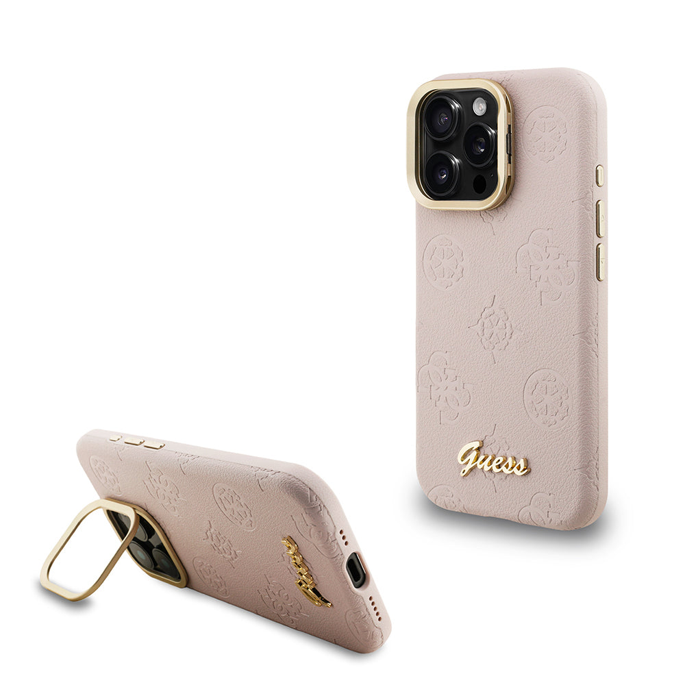 Apple iPhone 15 Pro Max Kılıf Guess Orjinal Lisanslı M-safe Şarj Özellikli Sıcak Baskılı Yazı Logolu Kamera Standlı PU Deri Peony Kapak Pembe