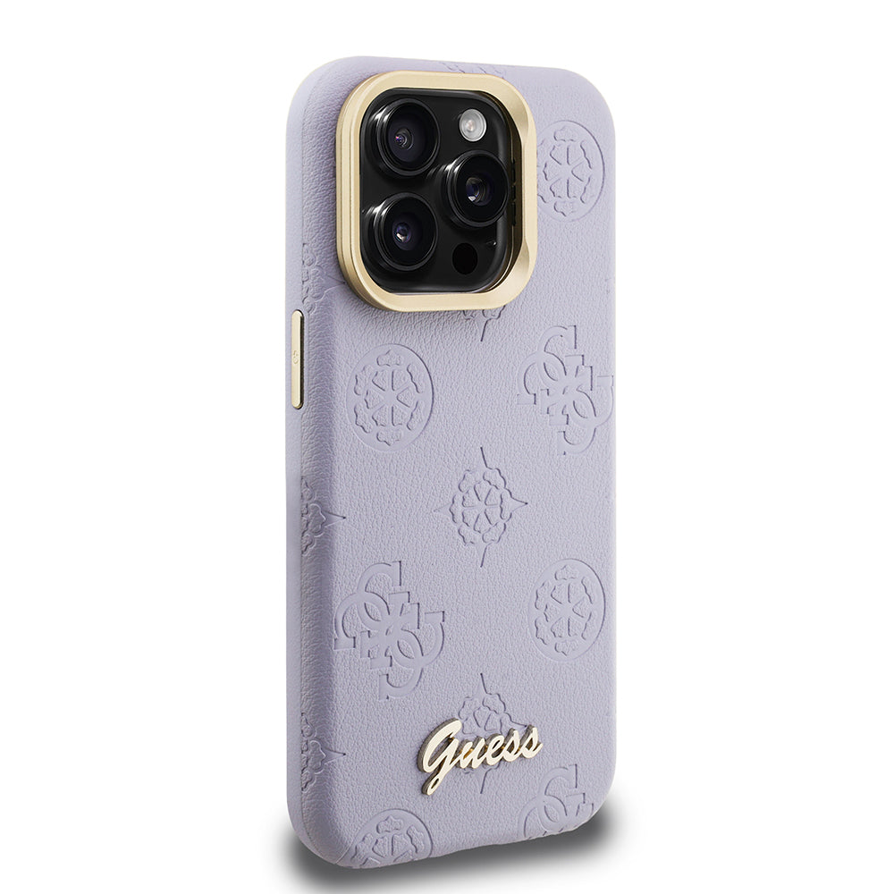 Apple iPhone 15 Pro Max Kılıf Guess Orjinal Lisanslı M-safe Şarj Özellikli Sıcak Baskılı Yazı Logolu Kamera Standlı PU Deri Peony Kapak Bej