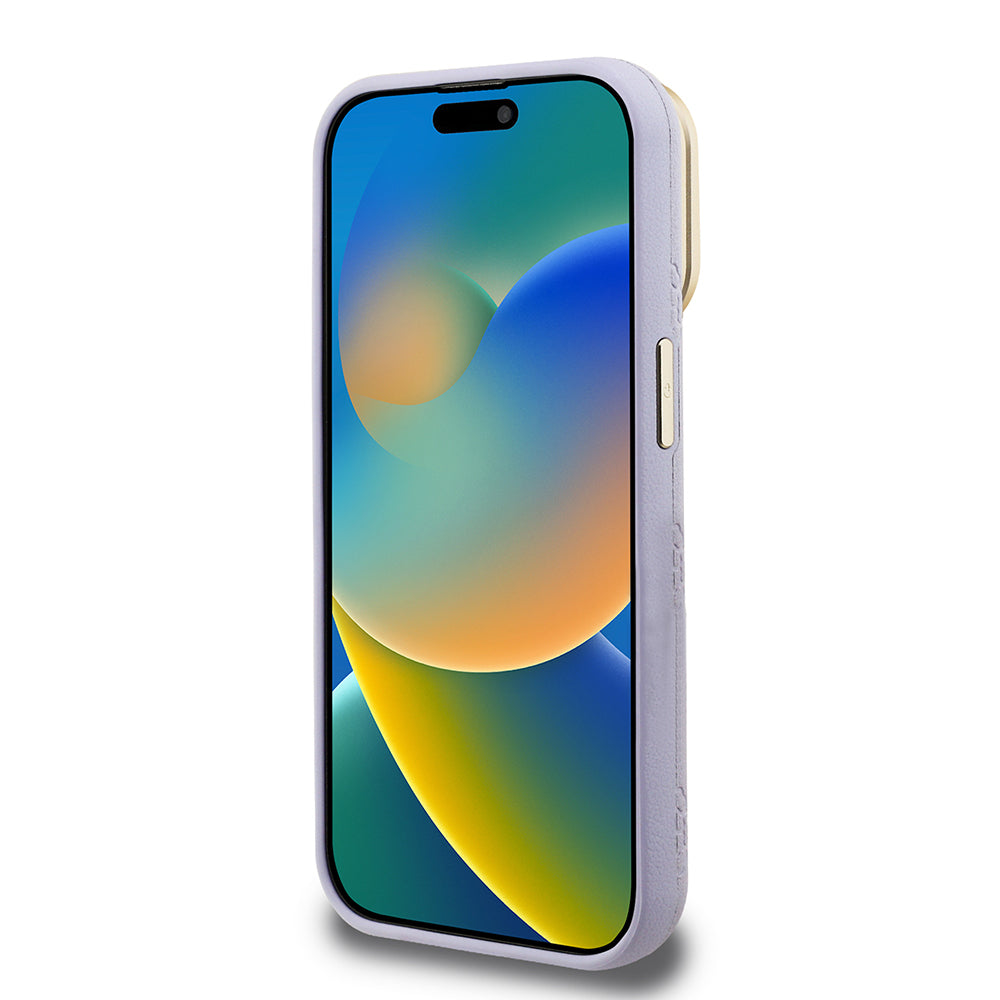 Apple iPhone 15 Pro Max Kılıf Guess Orjinal Lisanslı M-safe Şarj Özellikli Sıcak Baskılı Yazı Logolu Kamera Standlı PU Deri Peony Kapak Pembe