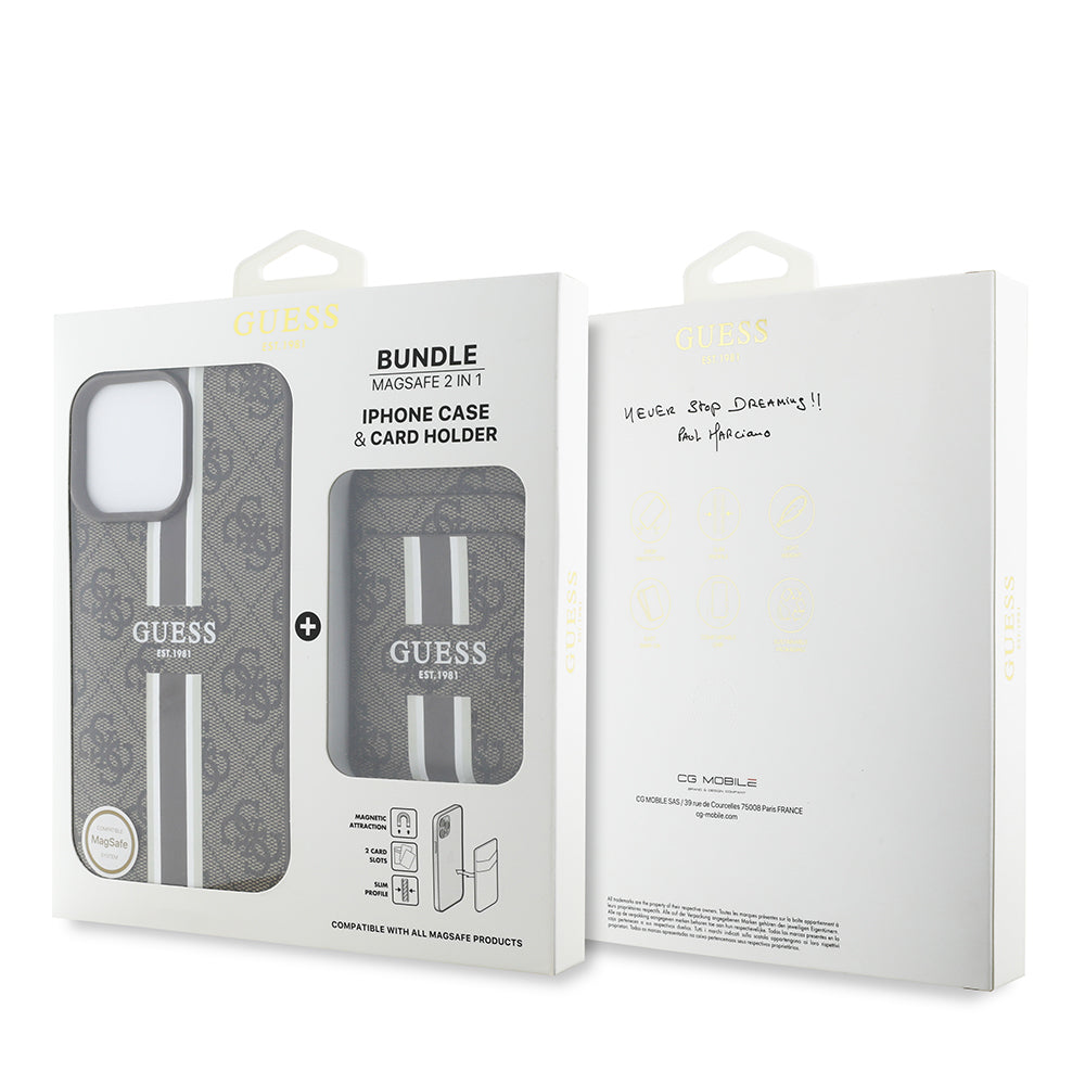 Apple iPhone 15 Pro Max Kılıf Guess Orjinal Lisanslı M-safe Şarj Özellikli 4G Desenli Çizgili Kartlıklı Kapak Siyah