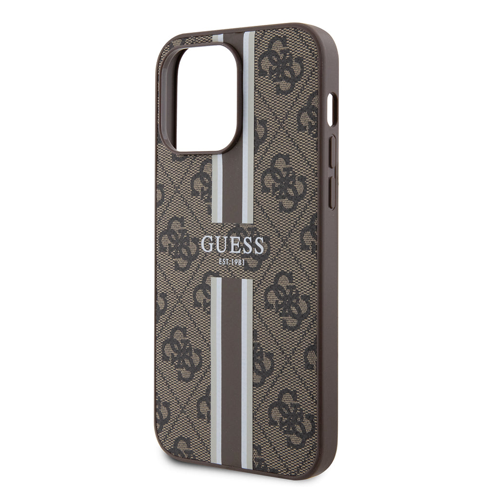 Apple iPhone 15 Pro Max Kılıf Guess Orjinal Lisanslı M-safe Şarj Özellikli 4G Şerit Tasarımlı Printed Kapak Kahverengi