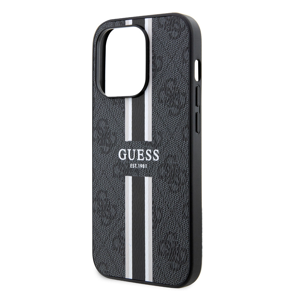 Apple iPhone 15 Pro Max Kılıf Guess Orjinal Lisanslı M-safe Şarj Özellikli 4G Şerit Tasarımlı Printed Kapak Kahverengi