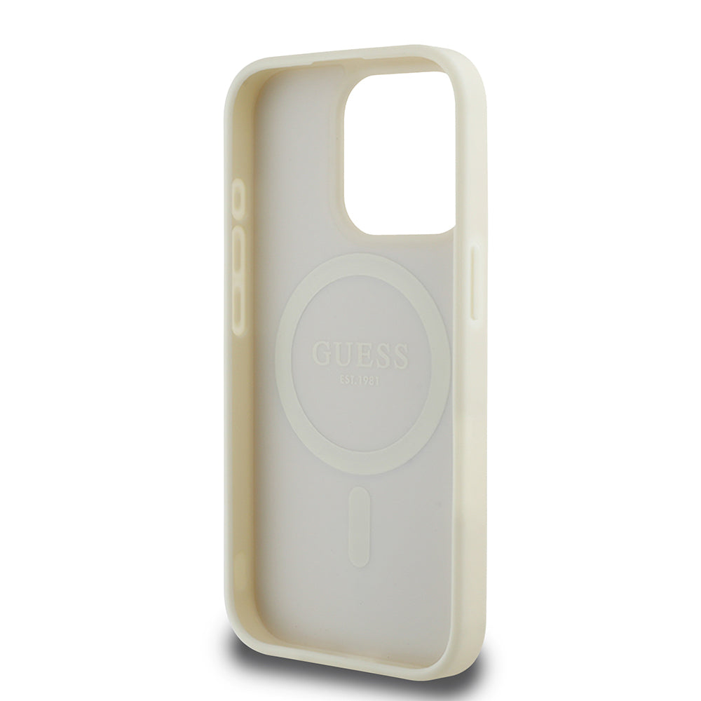 Apple iPhone 15 Pro Max Kılıf Guess Orjinal Lisanslı M-safe Şarj Özellikli Sıcak Baskılı Üçgen Logolu PU Deri Peony Kapak Siyah