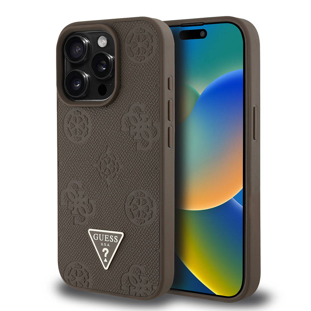 Apple iPhone 15 Pro Max Kılıf Guess Orjinal Lisanslı M-safe Şarj Özellikli Sıcak Baskılı Üçgen Logolu PU Deri Peony Kapak Bej