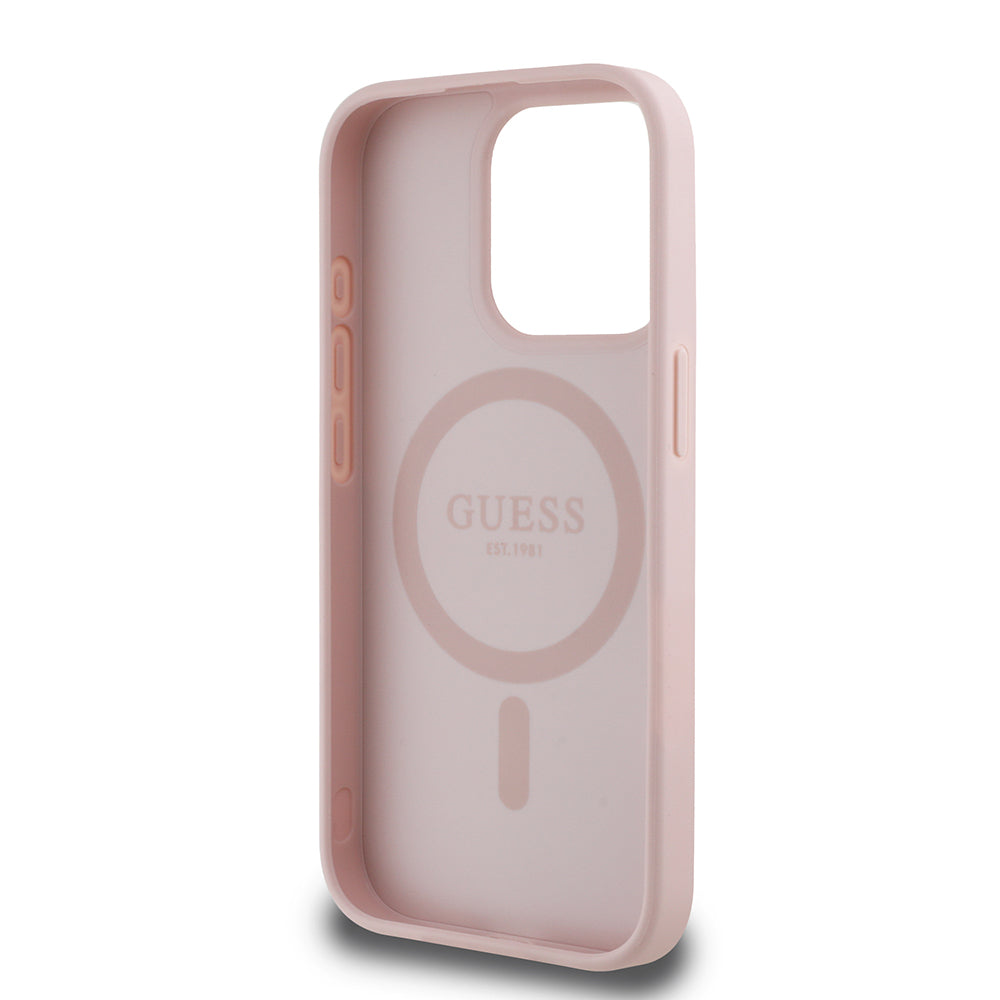 Apple iPhone 15 Pro Max Kılıf Guess Orjinal Lisanslı M-safe Şarj Özellikli Sıcak Baskılı Üçgen Logolu PU Deri Peony Kapak Pembe