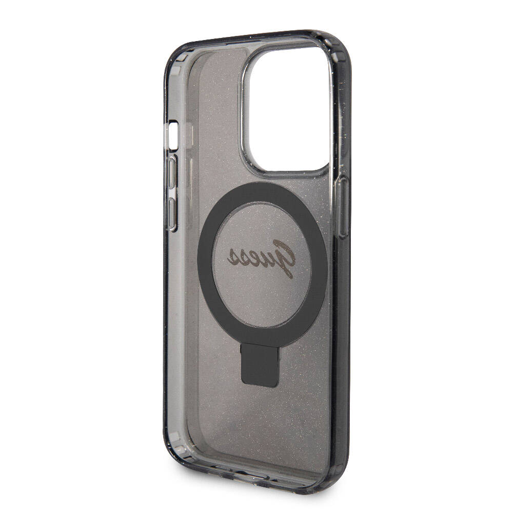 Apple iPhone 15 Pro Max Kılıf Guess Orjinal Lisanslı M-safe Şarj Özellikli Simli Arka Yüzey Ring Standlı Kapak Siyah