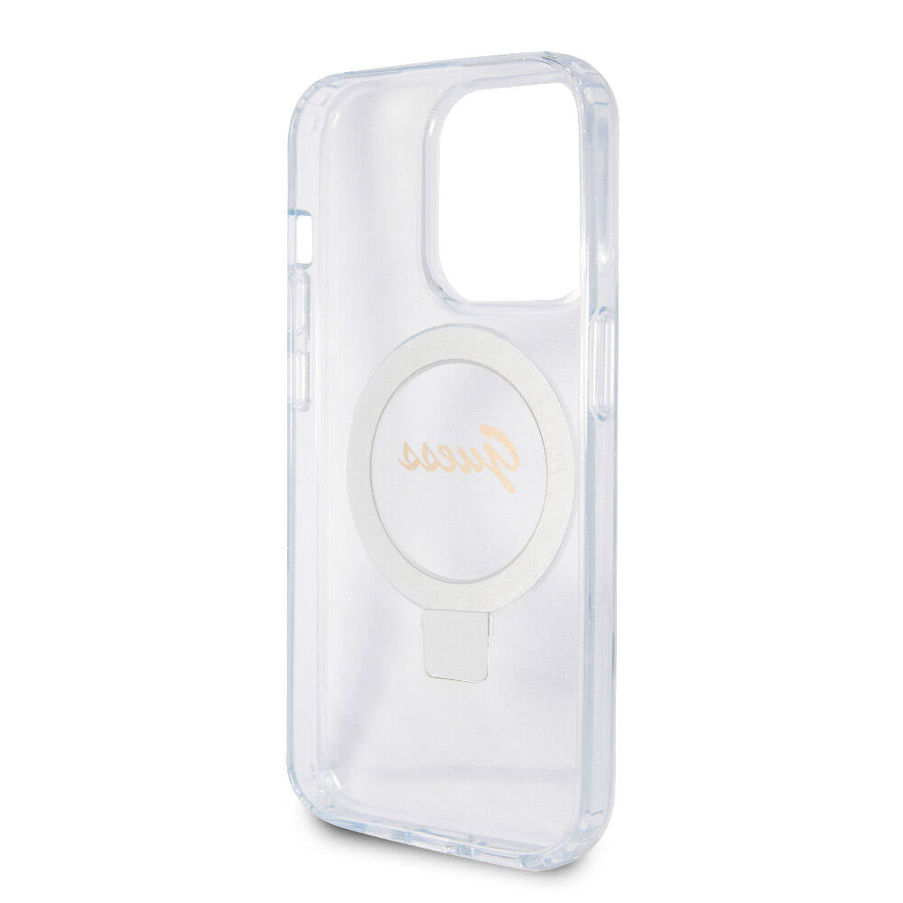 Apple iPhone 15 Pro Max Kılıf Guess Orjinal Lisanslı M-safe Şarj Özellikli Simli Arka Yüzey Ring Standlı Kapak Mor