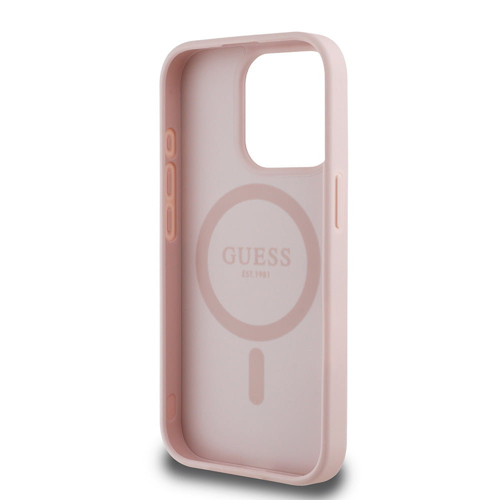 Apple iPhone 15 Pro Max Kılıf Guess Orjinal Lisanslı M-safe Şarj Özellikli Taneli Çiçek Tasarımlı Metal Yazı Logolu Kapak Pembe