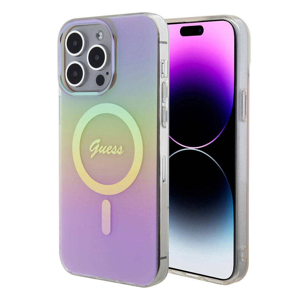 Apple iPhone 15 Pro Max Kılıf Guess Orjinal Lisanslı M-safe Şarj Özellikli Yazı Logolu Iridescent Kapak Mor