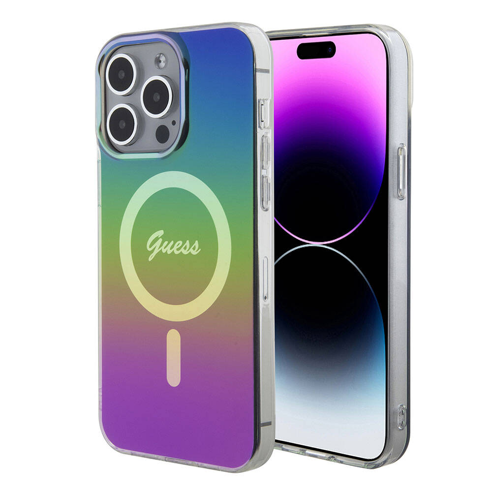 Apple iPhone 15 Pro Max Kılıf Guess Orjinal Lisanslı M-safe Şarj Özellikli Yazı Logolu Iridescent Kapak Turkuaz