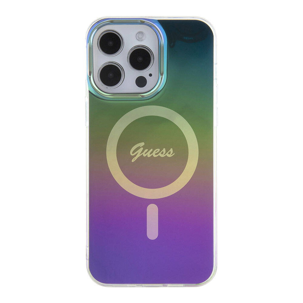 Apple iPhone 15 Pro Max Kılıf Guess Orjinal Lisanslı M-safe Şarj Özellikli Yazı Logolu Iridescent Kapak Mor