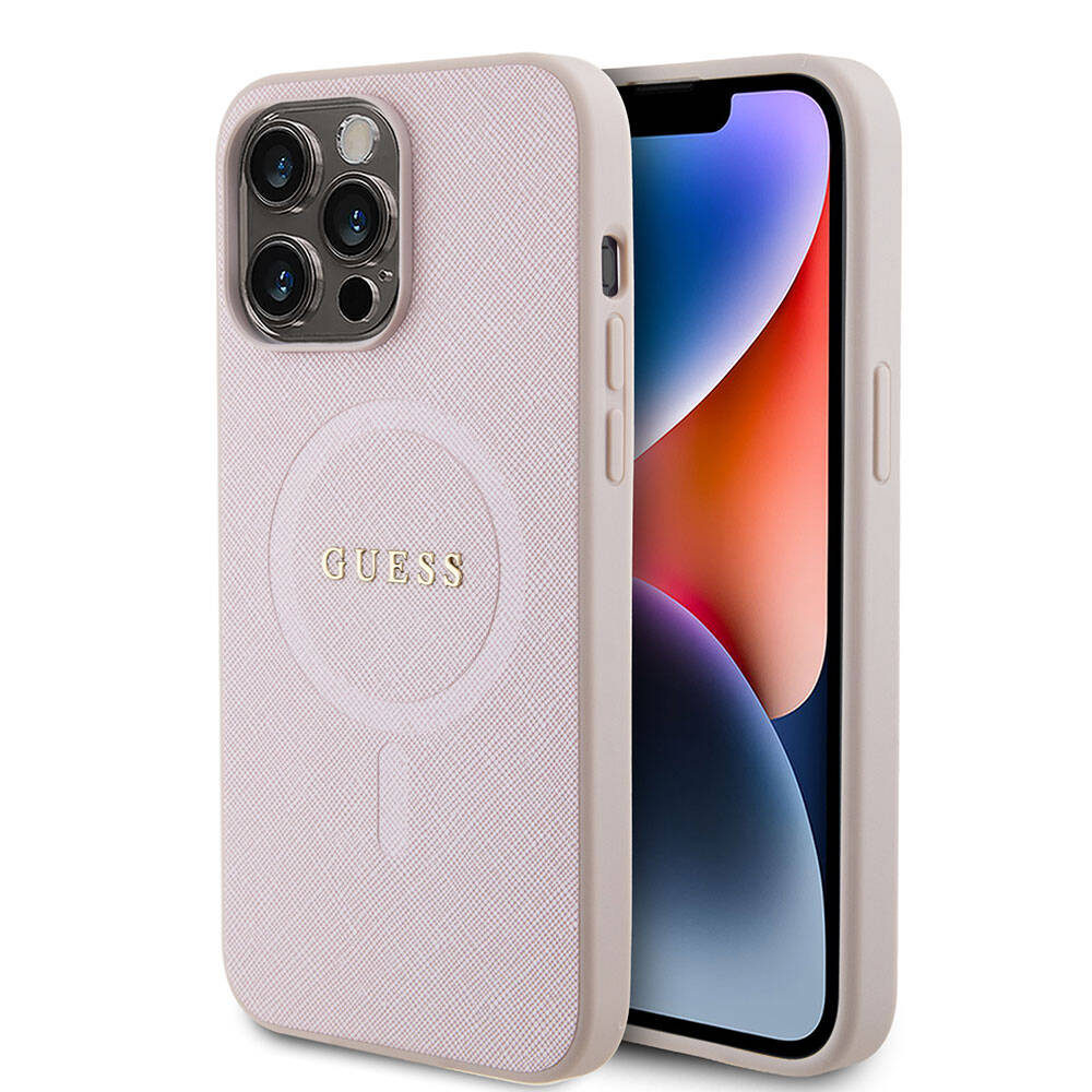 Apple iPhone 15 Pro Max Kılıf Guess Orjinal Lisanslı M-safe Şarj Özellikli Yazı Logolu Saffiano Kapak Pembe