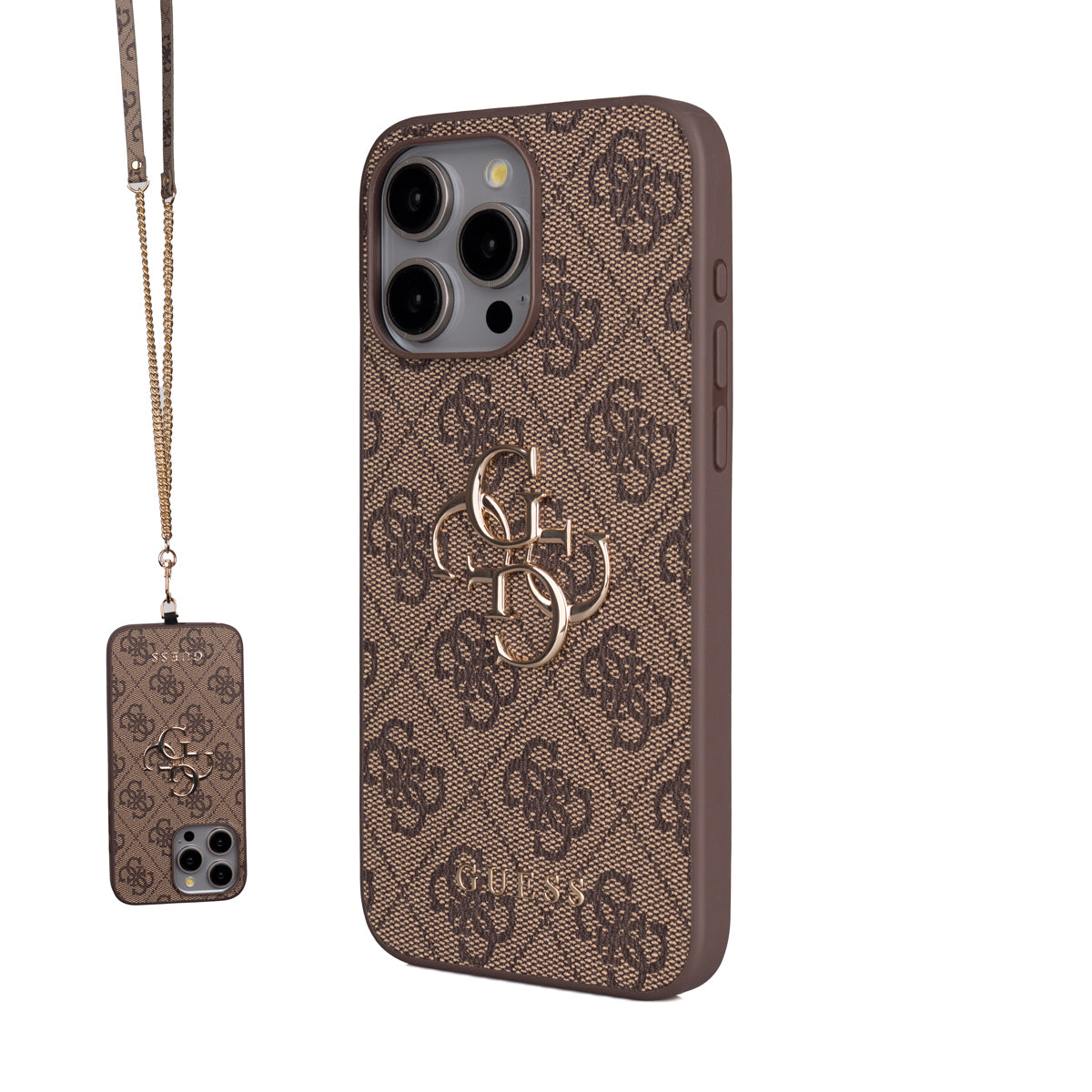 Apple iPhone 15 Pro Max Kılıf Guess Orjinal Lisanslı PU Deri 4G Büyük Metal Logolu Çapraz Vücut Askılı Kapak Kahverengi