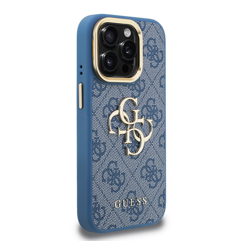 Apple iPhone 15 Pro Max Kılıf Guess Orjinal Lisanslı PU Deri 4G Desenli Metal Büyük 4G ve Yazı Logolu Kamera Standlı Kapak Mavi