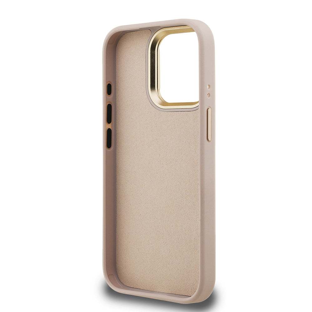 Apple iPhone 15 Pro Max Kılıf Guess Orjinal Lisanslı PU Deri 4G Desenli Metal Büyük 4G ve Yazı Logolu Kamera Standlı Kapak Pembe