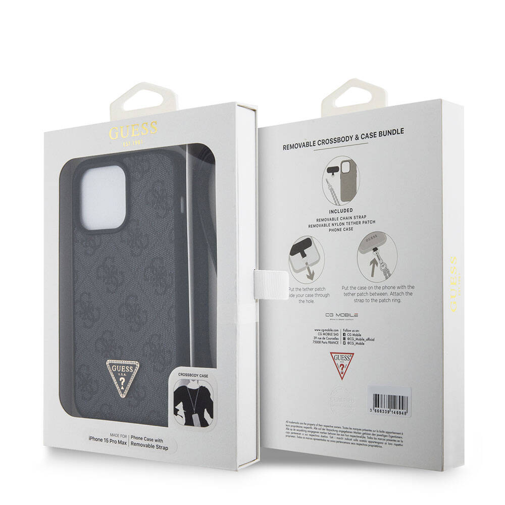 Apple iPhone 15 Pro Max Kılıf Guess Orjinal Lisanslı PU Deri Askılı Taşlı Üçgen Logo 4G Desenli Strass Crossbody Kapak Kahverengi