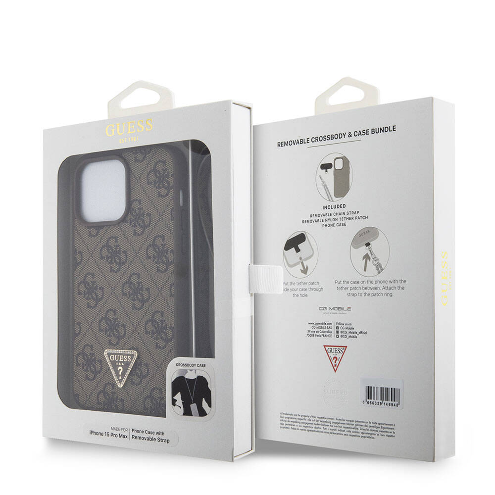 Apple iPhone 15 Pro Max Kılıf Guess Orjinal Lisanslı PU Deri Askılı Taşlı Üçgen Logo 4G Desenli Strass Crossbody Kapak Siyah