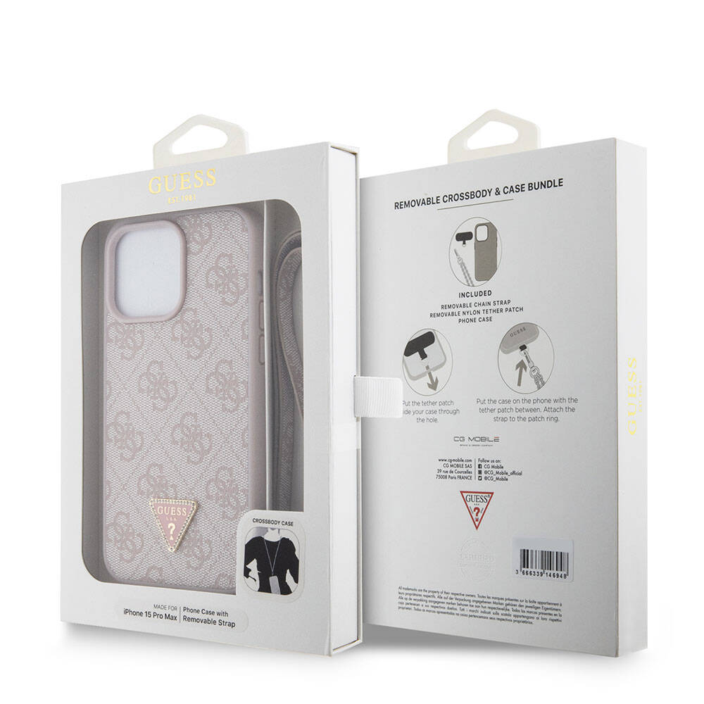 Apple iPhone 15 Pro Max Kılıf Guess Orjinal Lisanslı PU Deri Askılı Taşlı Üçgen Logo 4G Desenli Strass Crossbody Kapak Kahverengi