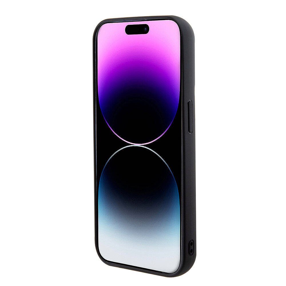 Apple iPhone 15 Pro Max Kılıf Guess Orjinal Lisanslı PU Deri Metal Yazı Logolu Kapitone Kapak Açık Mor