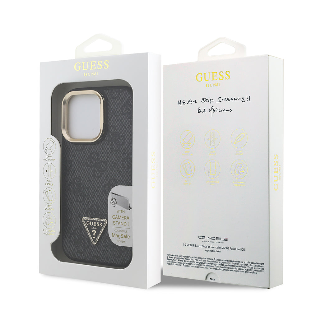 Apple iPhone 15 Pro Max Kılıf Guess Orjinal Lisanslı PU Deri Taşlı Üçgen Logo 4G Desenli Kamera Standlı Kapak Pembe