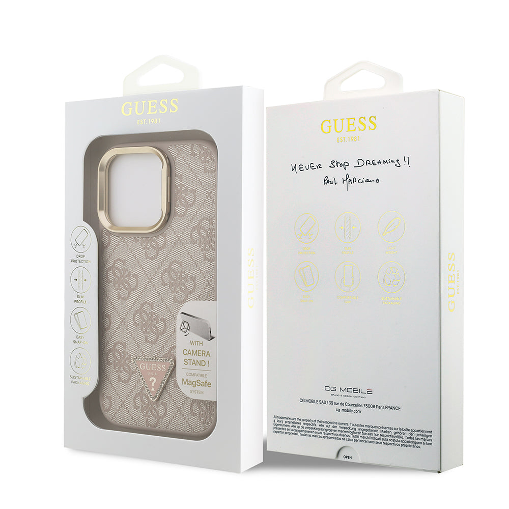 Apple iPhone 15 Pro Max Kılıf Guess Orjinal Lisanslı PU Deri Taşlı Üçgen Logo 4G Desenli Kamera Standlı Kapak Kahverengi