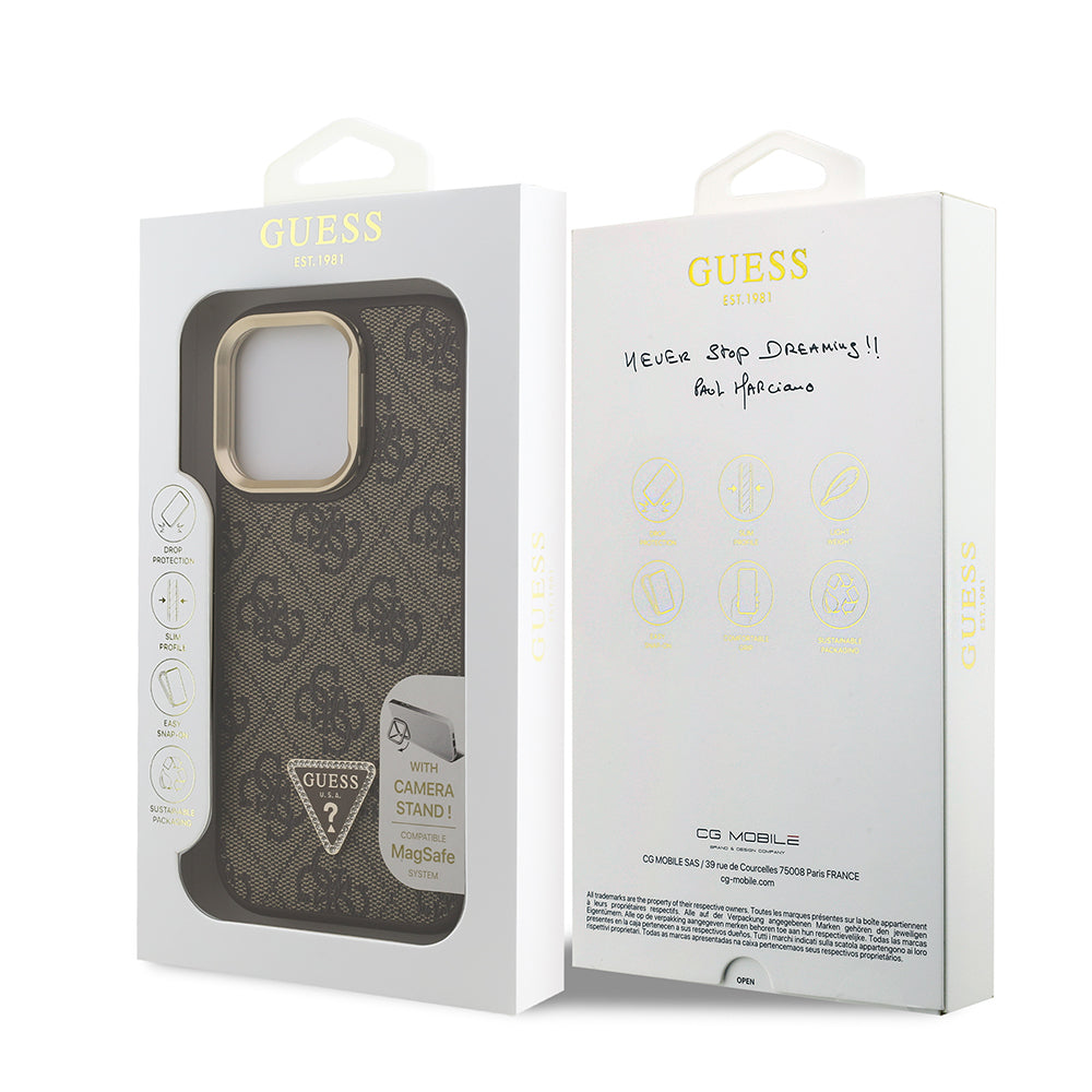 Apple iPhone 15 Pro Max Kılıf Guess Orjinal Lisanslı PU Deri Taşlı Üçgen Logo 4G Desenli Kamera Standlı Kapak Pembe