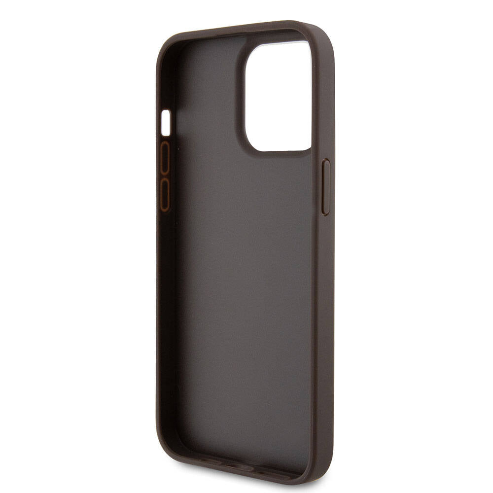 Apple iPhone 15 Pro Max Kılıf Guess Orjinal Lisanslı PU Deri Taşlı Üçgen Logo 4G Desenli Strass Kapak Pembe