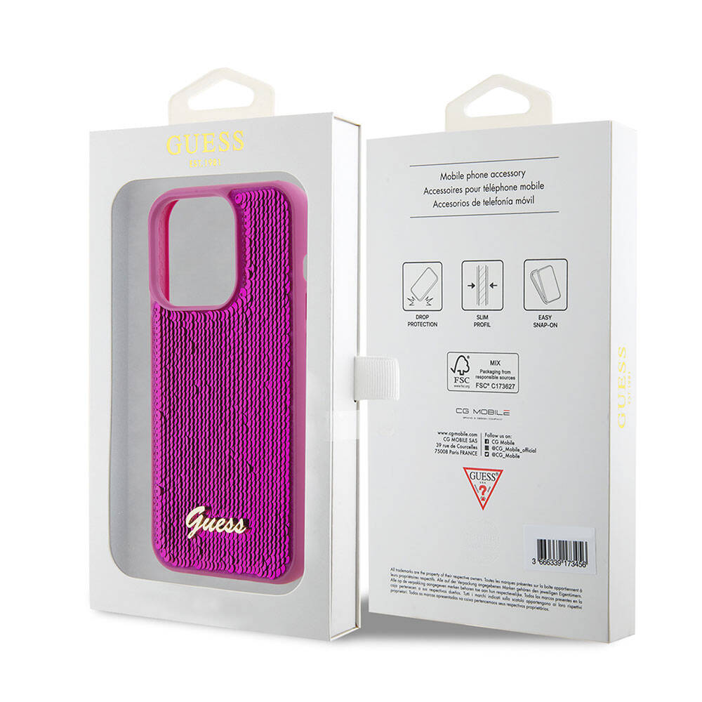 Apple iPhone 15 Pro Max Kılıf Guess Orjinal Lisanslı Pullu Arka Yüzey Metal Yazı Logolu Sequin Script Kapak Siyah