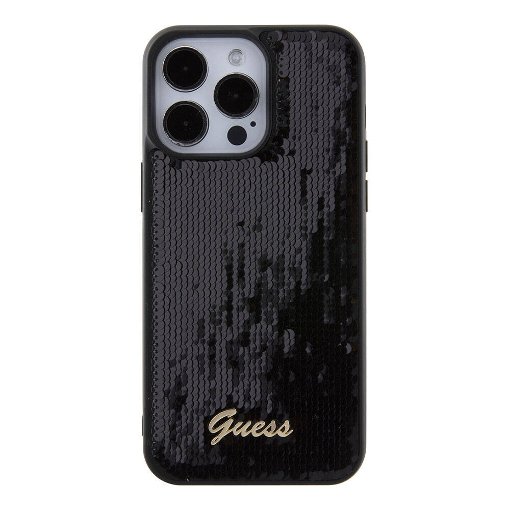 Apple iPhone 15 Pro Max Kılıf Guess Orjinal Lisanslı Pullu Arka Yüzey Metal Yazı Logolu Sequin Script Kapak Gümüş