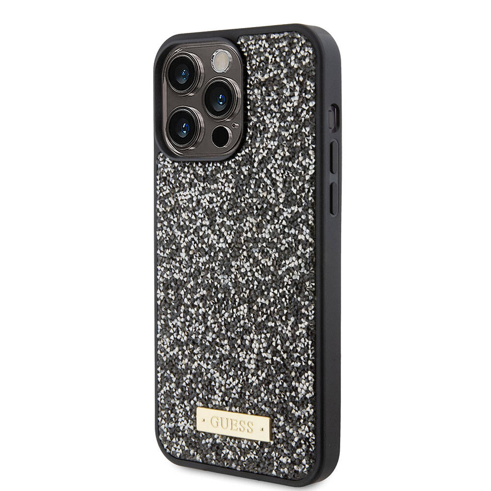 Apple iPhone 15 Pro Max Kılıf Guess Orjinal Lisanslı Taşlı Arka Yüzey Metal Yazı Logolu Kapak Siyah