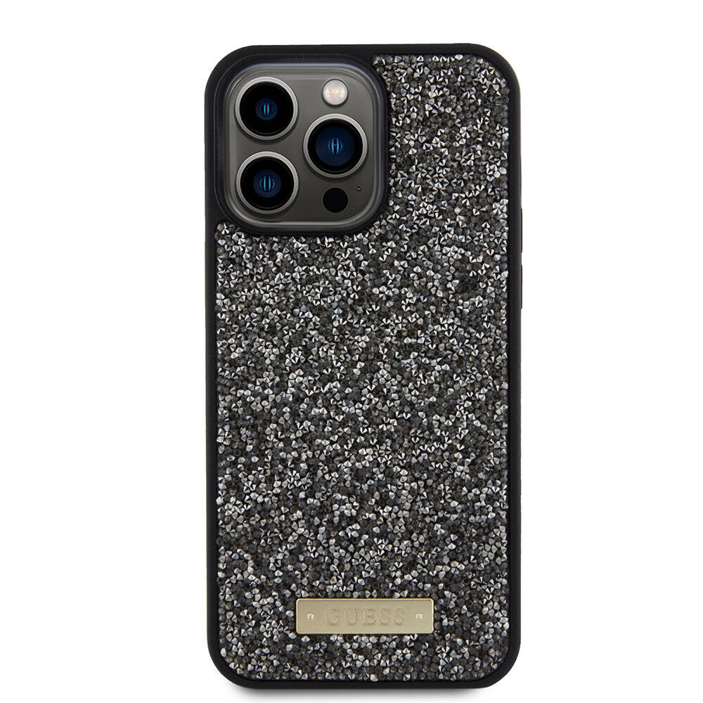 Apple iPhone 15 Pro Max Kılıf Guess Orjinal Lisanslı Taşlı Arka Yüzey Metal Yazı Logolu Kapak Sarı