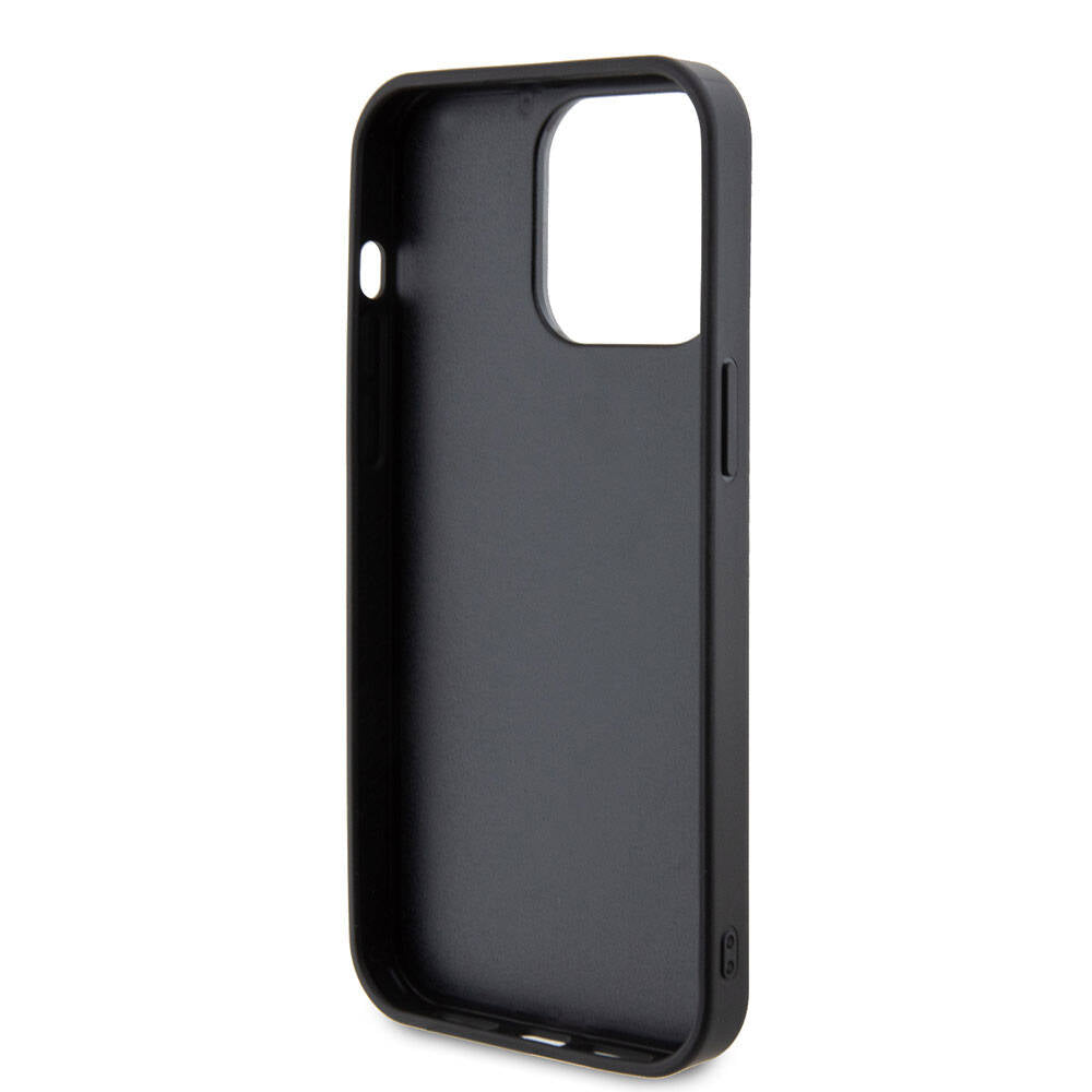 Apple iPhone 15 Pro Max Kılıf Guess Orjinal Lisanslı Taşlı Arka Yüzey Metal Yazı Logolu Kapak Siyah