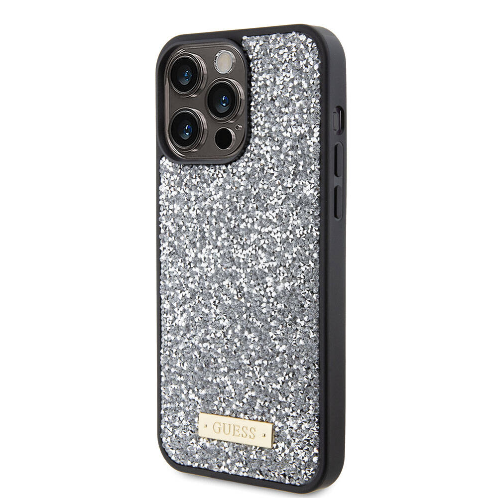 Apple iPhone 15 Pro Max Kılıf Guess Orjinal Lisanslı Taşlı Arka Yüzey Metal Yazı Logolu Kapak Siyah