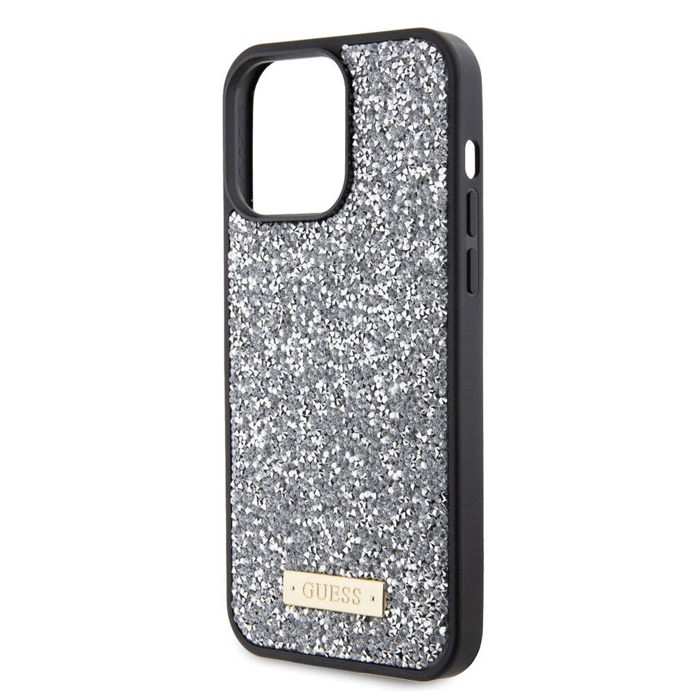 Apple iPhone 15 Pro Max Kılıf Guess Orjinal Lisanslı Taşlı Arka Yüzey Metal Yazı Logolu Kapak Pembe Açık