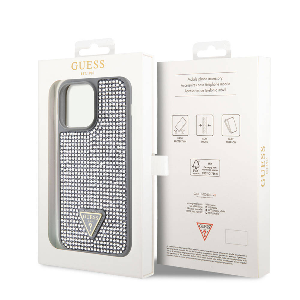 Apple iPhone 15 Pro Max Kılıf Guess Orjinal Lisanslı Taşlı Arka Yüzey Üçgen Logolu Kapak Gümüş