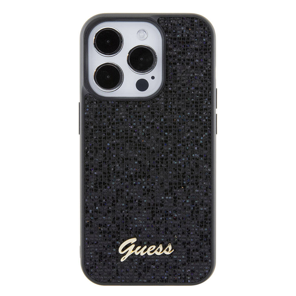 Apple iPhone 15 Pro Max Kılıf Guess Orjinal Lisanslı Yazı Logolu Disco Script Metal Kapak Siyah