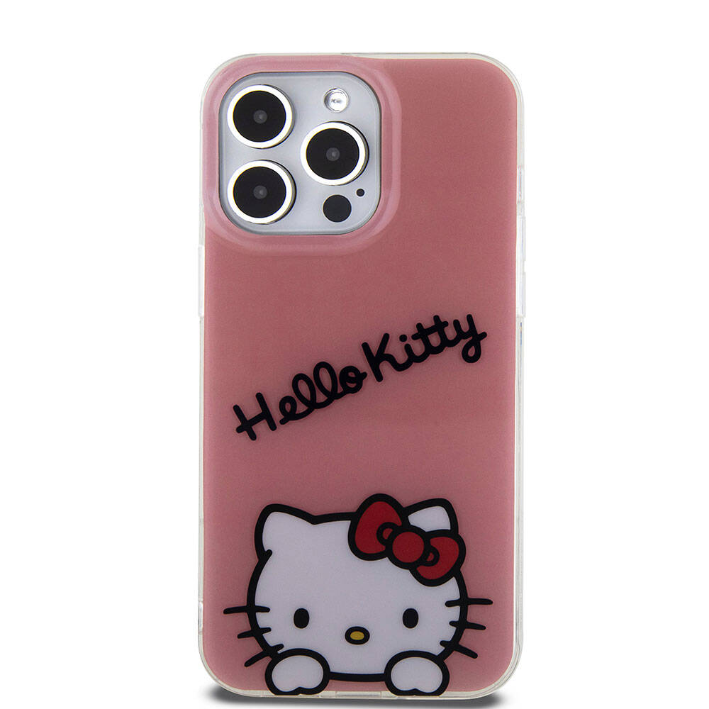 Apple iPhone 15 Pro Max Kılıf Hello Kitty Orjinal Lisanslı Askılı Yazı ve İkonik Logolu Daydreaming Kapak Pembe