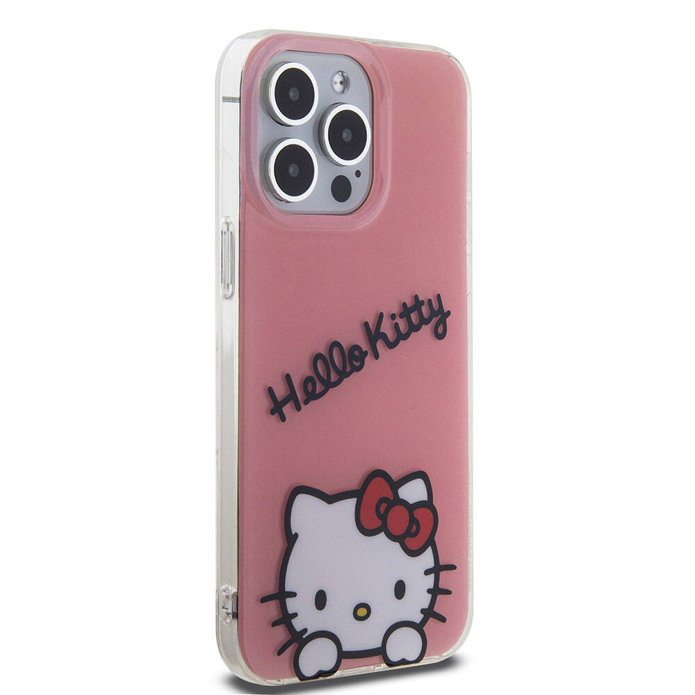 Apple iPhone 15 Pro Max Kılıf Hello Kitty Orjinal Lisanslı Askılı Yazı ve İkonik Logolu Daydreaming Kapak Pembe