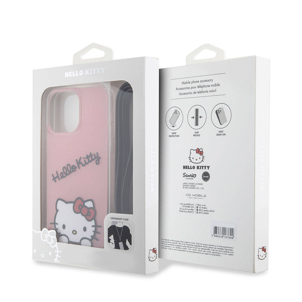 Apple iPhone 15 Pro Max Kılıf Hello Kitty Orjinal Lisanslı Askılı Yazı ve İkonik Logolu Daydreaming Kapak Pembe