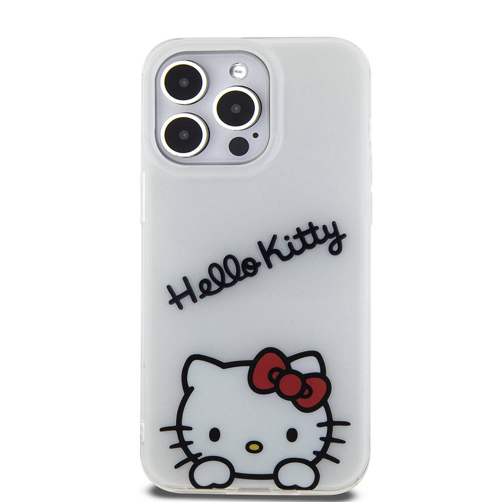 Apple iPhone 15 Pro Max Kılıf Hello Kitty Orjinal Lisanslı Askılı Yazı ve İkonik Logolu Daydreaming Kapak Beyaz