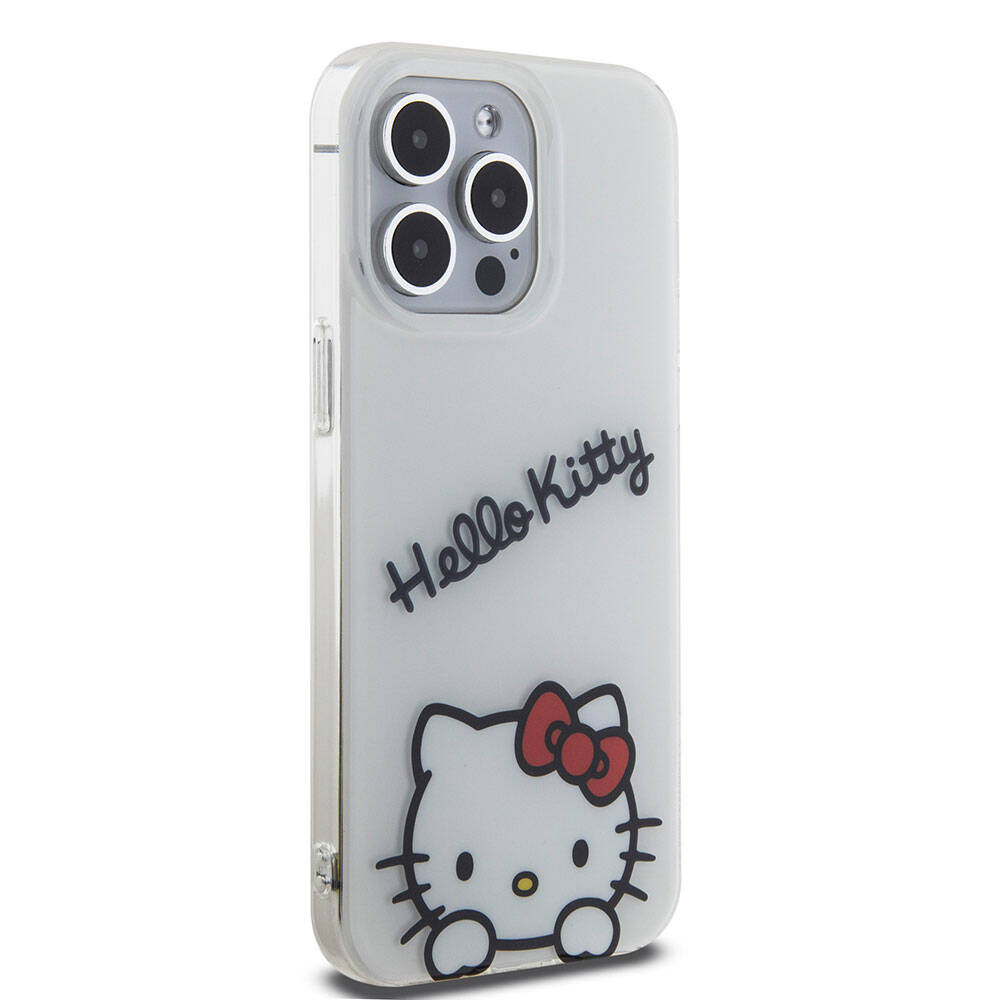 Apple iPhone 15 Pro Max Kılıf Hello Kitty Orjinal Lisanslı Askılı Yazı ve İkonik Logolu Daydreaming Kapak Beyaz