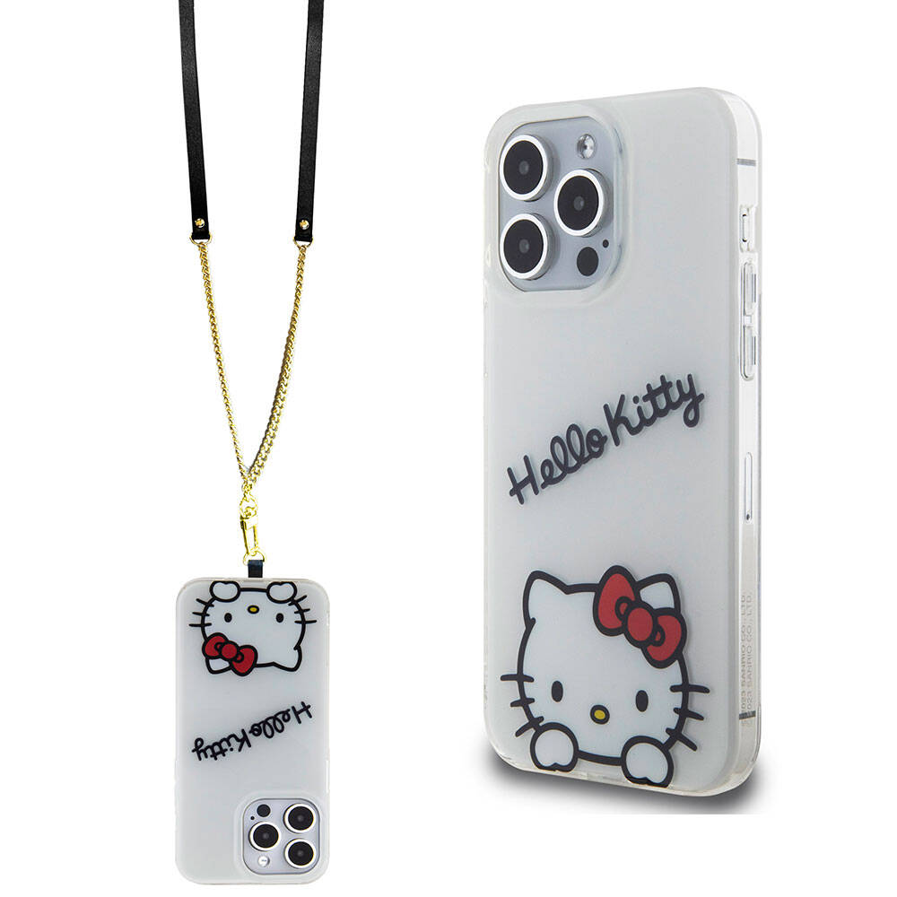 Apple iPhone 15 Pro Max Kılıf Hello Kitty Orjinal Lisanslı Askılı Yazı ve İkonik Logolu Daydreaming Kapak Beyaz