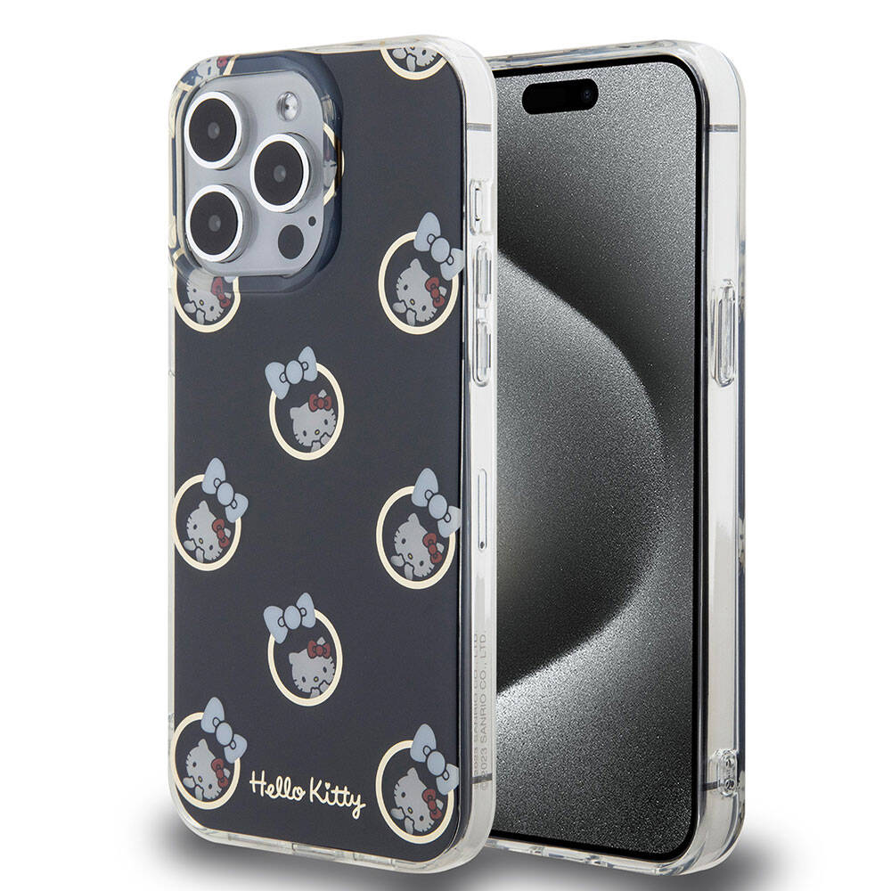 Apple iPhone 15 Pro Max Kılıf Hello Kitty Orjinal Lisanslı Elektroplating Kaplama Kabarcık Baskılı Kapak Beyaz