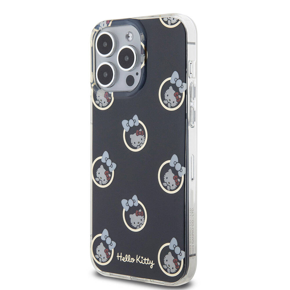 Apple iPhone 15 Pro Max Kılıf Hello Kitty Orjinal Lisanslı Elektroplating Kaplama Kabarcık Baskılı Kapak Siyah