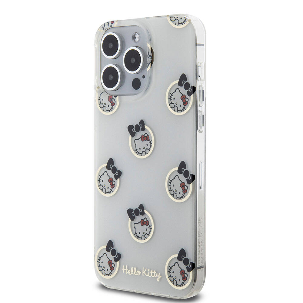 Apple iPhone 15 Pro Max Kılıf Hello Kitty Orjinal Lisanslı Elektroplating Kaplama Kabarcık Baskılı Kapak Beyaz