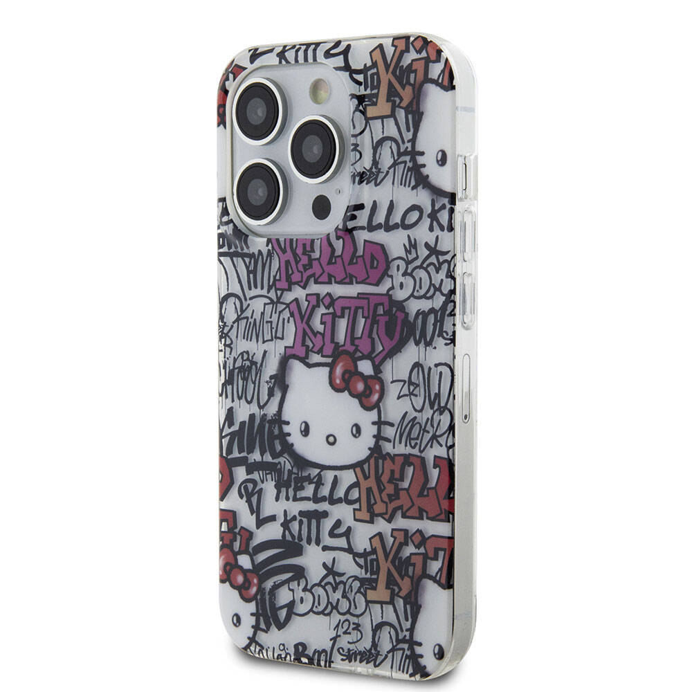 Apple iPhone 15 Pro Max Kılıf Hello Kitty Orjinal Lisanslı İkonik Logolu Etiket Graffiti Kapak Beyaz