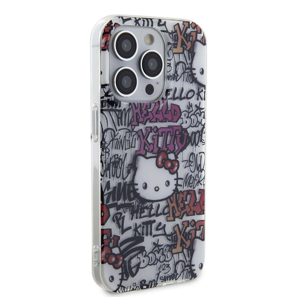 Apple iPhone 15 Pro Max Kılıf Hello Kitty Orjinal Lisanslı İkonik Logolu Etiket Graffiti Kapak Beyaz