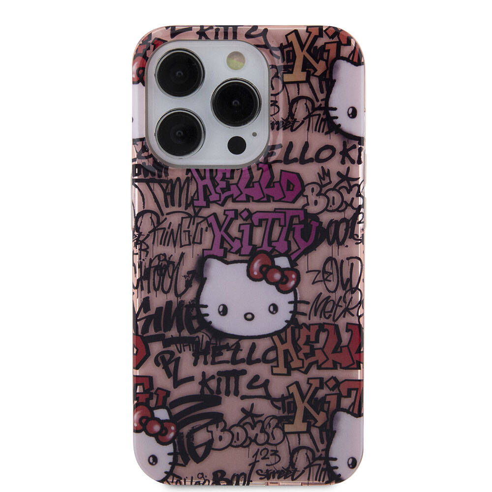Apple iPhone 15 Pro Max Kılıf Hello Kitty Orjinal Lisanslı İkonik Logolu Etiket Graffiti Kapak Pembe