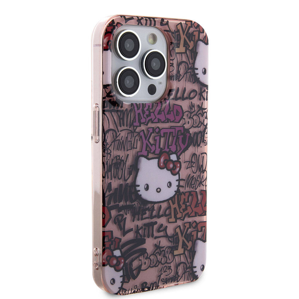 Apple iPhone 15 Pro Max Kılıf Hello Kitty Orjinal Lisanslı İkonik Logolu Etiket Graffiti Kapak Pembe